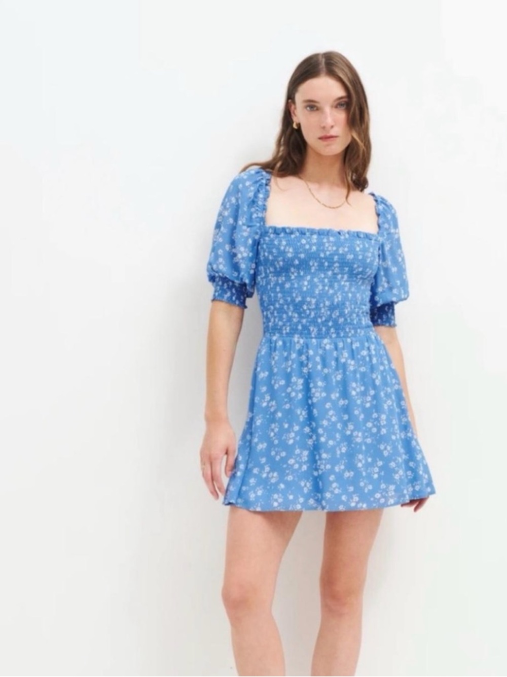 Reformation Elle Floral Puff Sleeves Smocked Bodice Square Neck Mini Dress Sz 0
